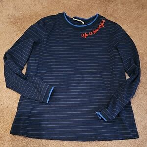 Striped Navy Long Sleeve Shirt with Red Embroidery